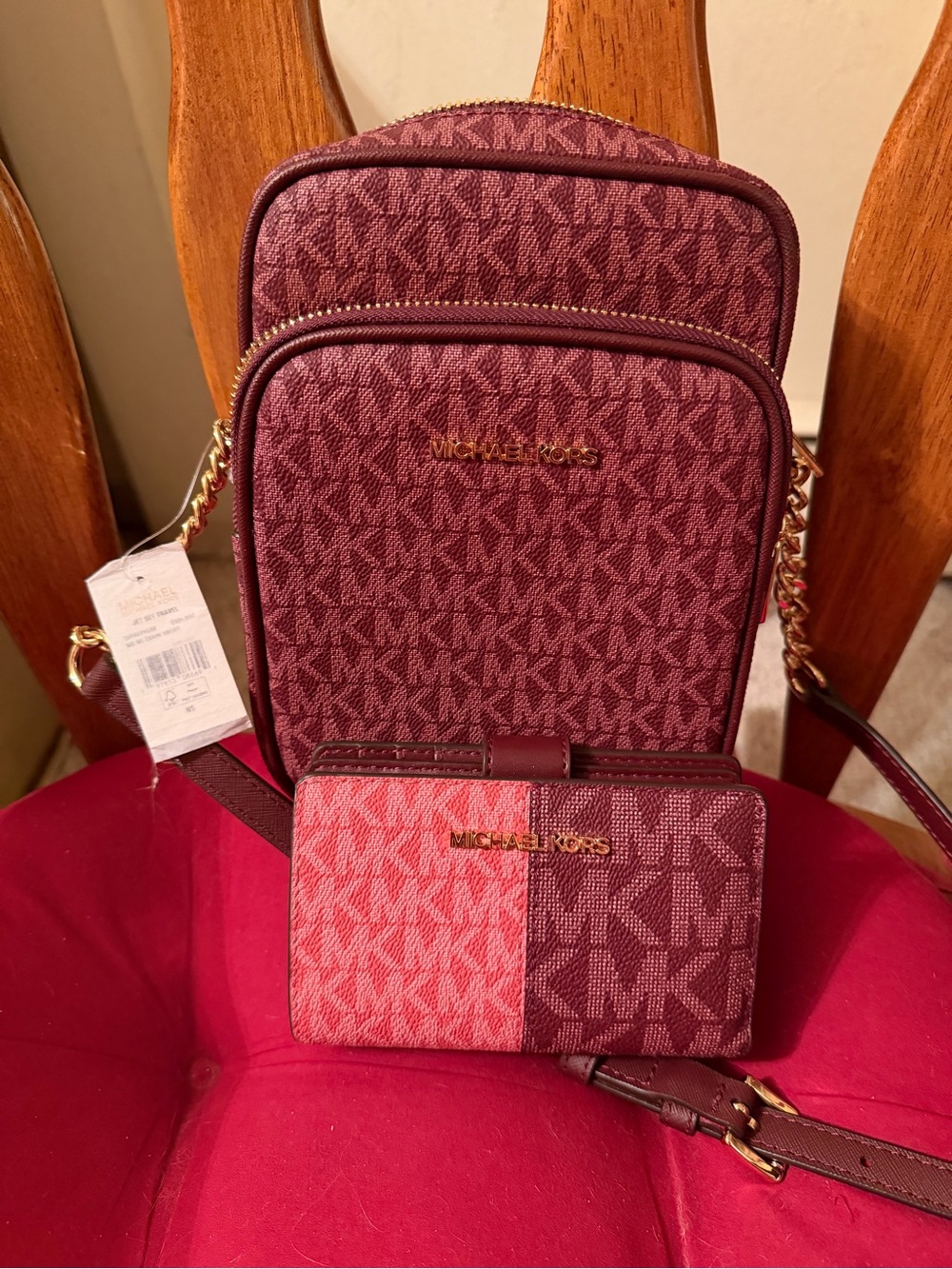 Michael Kors Burgundy and Pink Signature Crossbody with Matching Wallet